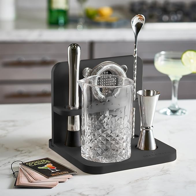 Crystal Cocktail Mixing Glass Set with Bamboo Stand - 22 Oz 650ml - Thick and Sturdy Bottom, Durable and Seamless Design with Bar Accessories