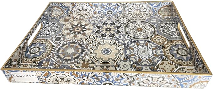 Boho Sturdy Acrylic Serving Tray with Handles-15.7x11.8Inch, Morden Plastic Rectangular Serving Tray for Coffee Table Bathroom, Ottoman, Home Decor