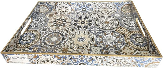 Boho Sturdy Acrylic Serving Tray with Handles-15.7x11.8Inch, Morden Plastic Rectangular Serving Tray for Coffee Table Bathroom, Ottoman, Home Decor