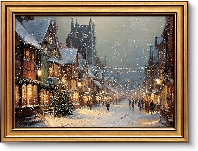 VIYYIEA Vintage Gold Framed Wall Art for Living Room, Christmas Canvas Prints Home Decor, Oil Painting Picture, Bedroom Wall Decor Gifts for Friends or Family -【A Cold Snowy Night】-(16L x 12W)