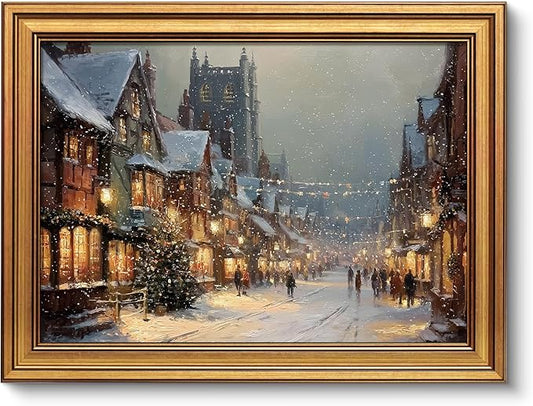 VIYYIEA Vintage Gold Framed Wall Art for Living Room, Christmas Canvas Prints Home Decor, Oil Painting Picture, Bedroom Wall Decor Gifts for Friends or Family -【A Cold Snowy Night】-(16L x 12W)