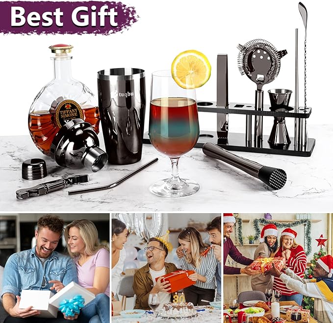 Bartender Kit with Stand, 11 Piece Set, Cocktail Shaker Set 24 oz Shaker Bar Tool Set for Beginner with Recipe