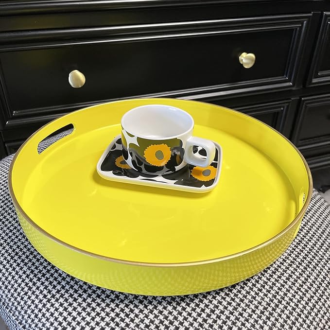 Zosenley Decorative Tray, Round Plastic Tray with Handles, Modern Vanity Tray and Serving Tray for Ottoman, Coffee Table, Kitchen and Bathroom, Size 13” (Yellow)