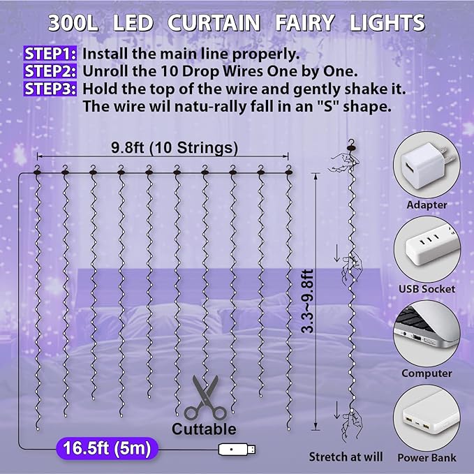 HXWEIYE 300LED Fairy Curtain Lights, 9.8x9.8Ft Purple USB Plug in 8 Modes Timer Christmas String Hanging Lights with Remote for Bedroom Backdrop Wedding Party Home Wall Garden Outdoor Indoor Decor
