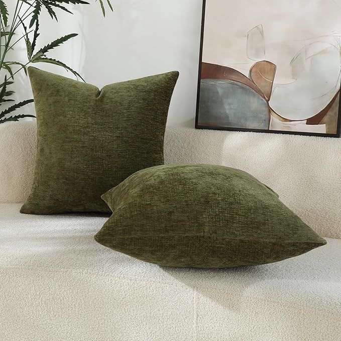 Sage Green Chenille Decorative Couch Throw Pillow Covers, Soft Cushion Cases for Home Livingroom Sofa Décor, Pack of 2, 14 x 14 Inches
