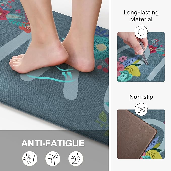 GENIMO Anti Fatigue Kitchen Mats for Floor, Non Slip Washable Home Theme Rugs Sets of 2, Farmhouse Cushioned Waterproof Comfort Runner Rug for Kitchen, Sink, Desk, Laundry, 17"x 59"+17"x 30", Blue