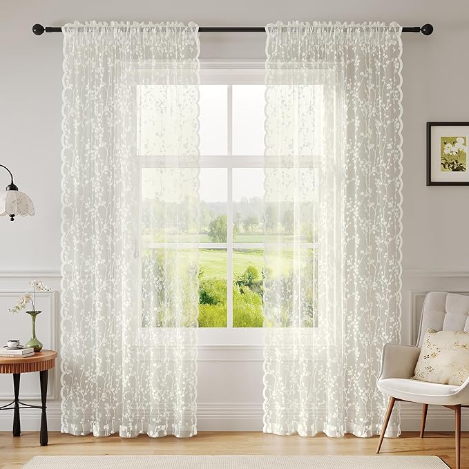 Ivory Lace Semi-Sheer Curtains – Vintage Branches Pattern for Bedroom/Bathroom, Light Filtering Rod Pocket Drapes, Privacy Chic Window Treatments Scalloped Hem, 52W x 72L Inch, 2-Panel Set