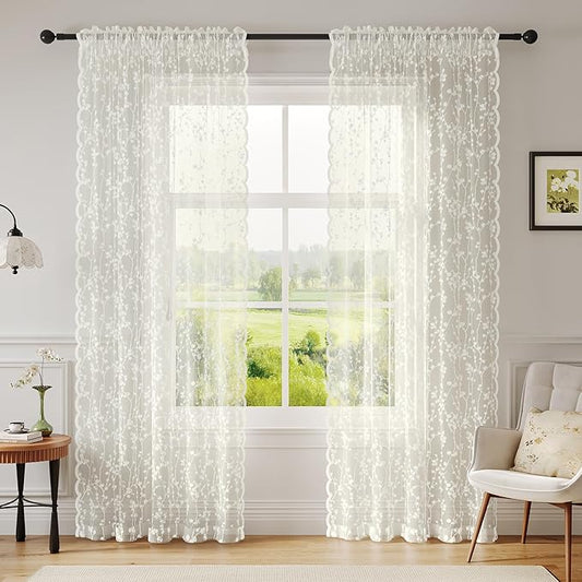 Ivory Lace Sheer Curtains 84 inches Long – Vintage Branches Pattern for Living Room/Bedroom, Light Filtering Rod Pocket Drapes, Privacy Chic Window Treatments, 52W x 84L Inch, 2-Panel Set