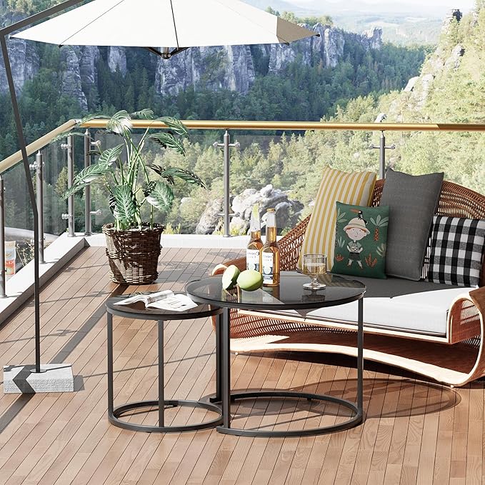 aboxoo Nesting Coffee Table Grey Glass Table Set of 2, Small Round Glass Nesting Tables for Living Room Bedroom, Accent Tea Table with Metal Frame Modern Industrial Simple