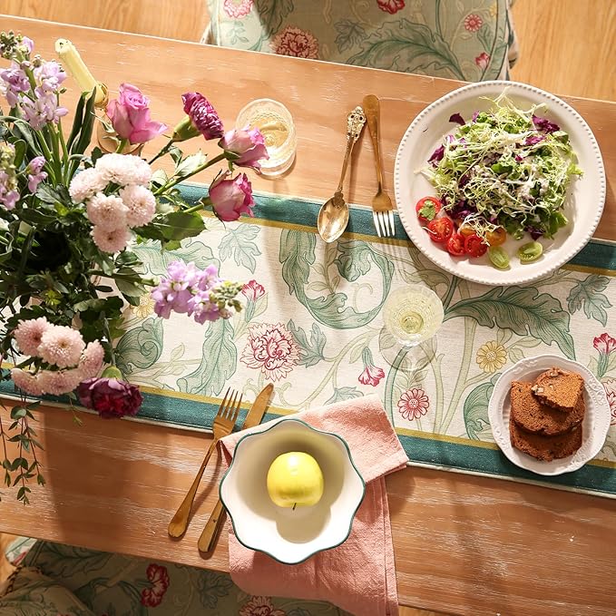 patdrea Designer Green Floral Table Runner,French Elegant Vibrant Rustic Linen with Green Leaves Patterns Fabric Table Mat,Decoration for Kitchen Dining Room Banquet Christmas ,12"*71"