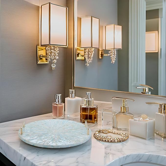 PEMAR Mother of Pearl Decorative Tray, 13" Round Display and Serving Tray with Gold Handles, Vanity/Perfume/Trinket Catchall for Dresser, Bathroom, Vanity Table (Teal Sunlight Starburst Pattern)