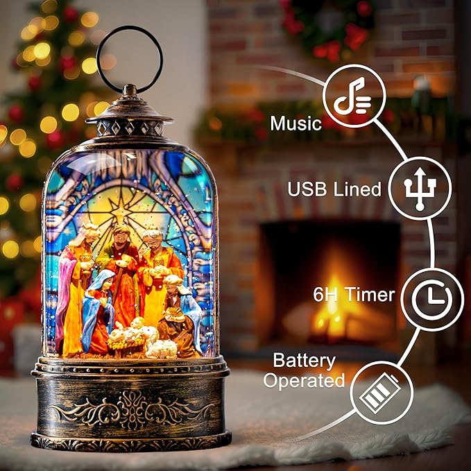 10.3" Christmas Snow Globe Water Lantern with Nativity Scene Battery Operated or USB Powered Musical Lighted Holiday Decoration for Tabletop Display for Family and Friends