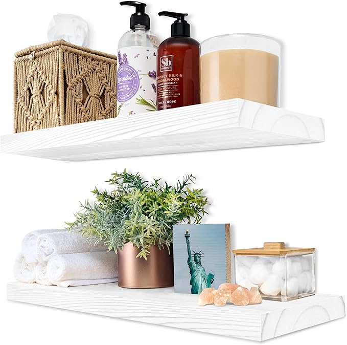 Sorbus Wood Floating Shelves for Wall - 16” Solid Wood Wall Shelves for Bathroom Decor, Books, Bedroom & Living Room - Set of 2 White Wall Mounted Kitchen Shelves - Durable Solid Pine