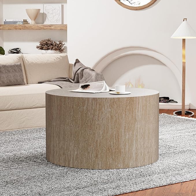 Modern Round Nesting Coffee Table Set of 2, Vertical Stripe Design Drum Coffee Table Cocktail Table, Round Side Table for Living Room, Bedroom, Office, Balcony (B19.68+26.77")