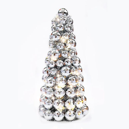 Amooca 16in Christmas Ball Tree with LED Lights Table Centerpiece Fireplace Decor Indoor Holiday Party Home Decoration Silver
