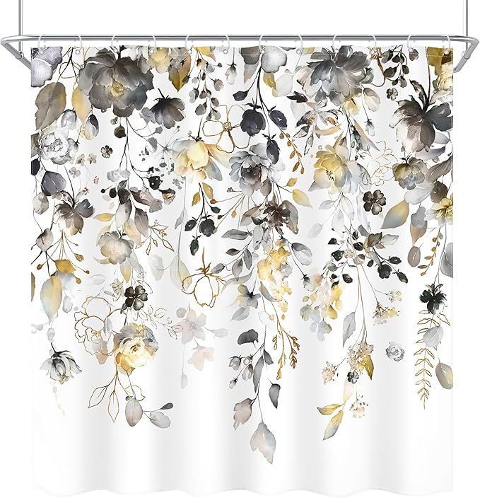 Yellow Grey Floral Shower Curtain 72Wx72L Inch Gray Flower Pastel Rustic Eucalyptus Leaf Watercolor Country Bathroom Set Plant Botanical Bath Curtain Bathtub Accessories Home Decor