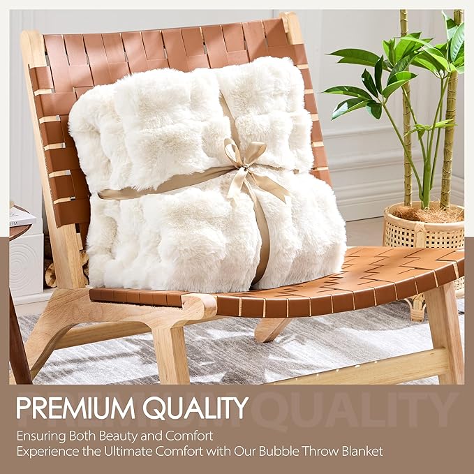 Luxury 1000GSM Faux Rabbit Fur Throw Blanket, Super Heavy Warm Cozy Blankets for Couch Bed Sofa, Bubble Plush Fuzzy Elegant Soft Reversible Mink Blanket for Living Room Bedroom, White
