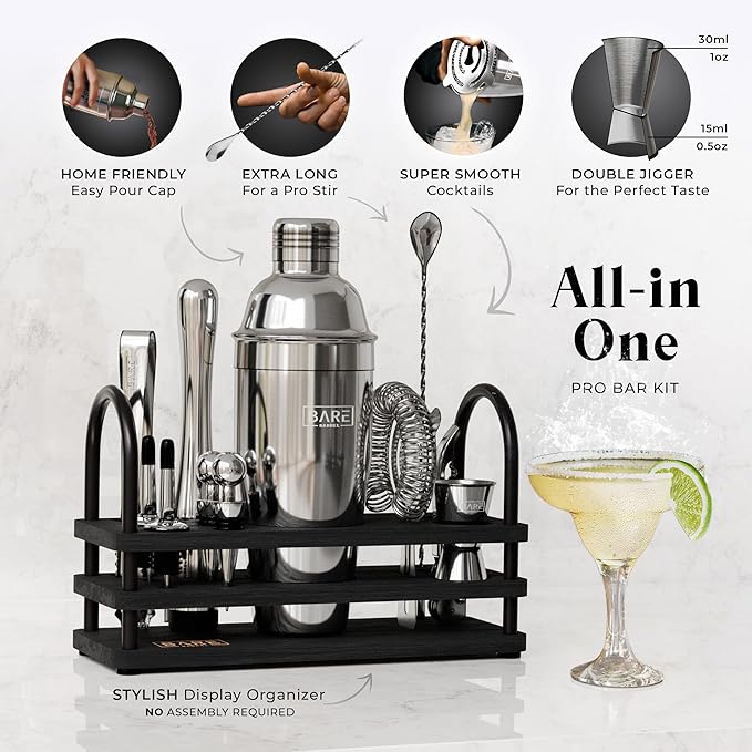 BARE BARREL® Mixology Bartender Kit Bar Set | 14-Piece Cocktail Shaker Set | Martini Barware Mixing Tools for Home Bartending | 35 Recipe Cards | Gift Set (24oz Cobbler Shaker, Silver/Black)