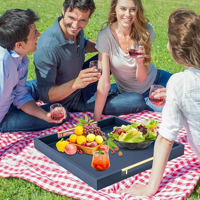 Navy Blue Faux Leather Decorative Tray,Large Square Serving Tray with Handles,coffee table tray for Home decor,Large Ottoman Tray for Living Room,Bathroom, 20 x 20in