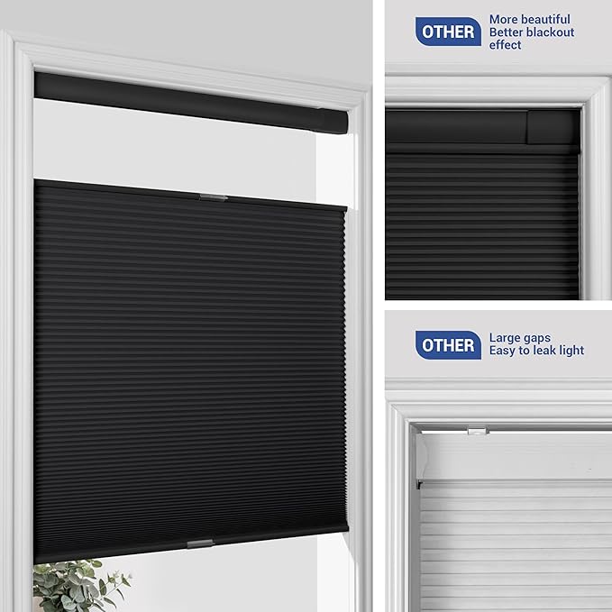 No Drill No Tools Cellular Shades Top Down Bottom Up Blackout Blinds for Windows Cordless Honeycomb Window Shades Easy to Install for Home,Blackout-Black,31" W x 64" H