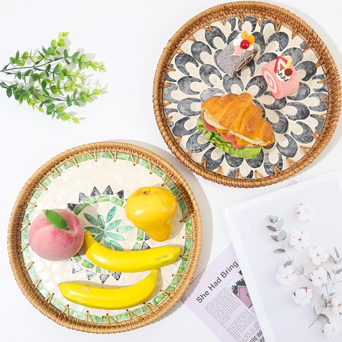 Round Rattan Serving Tray with Mother of Pearl Inlay & Coaster, Boho Wicker Basket, Decorative Coffee Table Tray for Table Decor, Storage and Display of Coffee Bread Fruit(Bohemia)