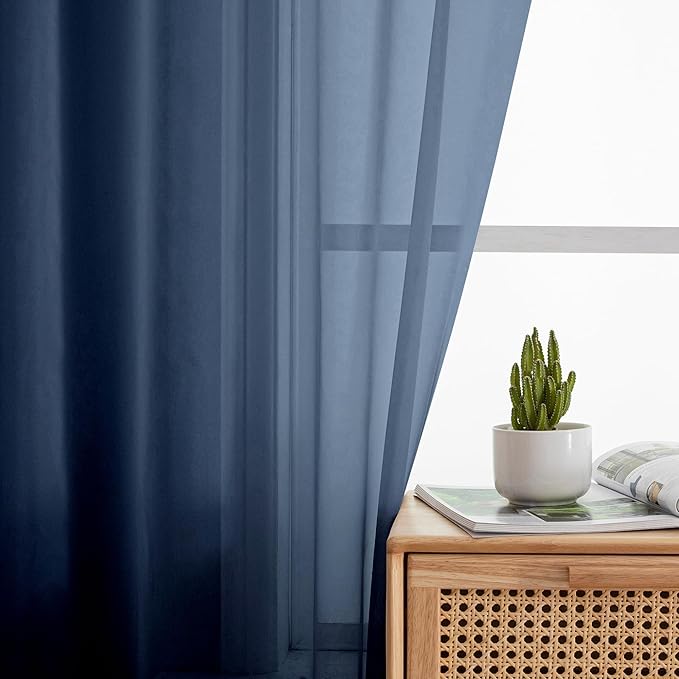 Aiyufeng Navy Blue Sheer Curtains 45 inch Length 2 Panels Set for Farmhouse Kitchen Room, Elegant Light Filtering Voile Window Treatments, Each is 40W x 45L Inches