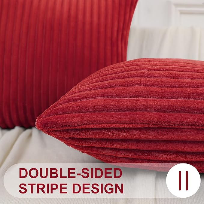 Simmore Decorative Fall Throw Pillow Covers 12x20 Set of 2, Soft Natural Plush Flannel Double-Sided Fluffy Lumbar Pillow Covers for Couch Sofa Living Room, Red