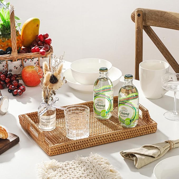 17'' Rattan Serving Tray Rectangle with Handles, Vintage Wicker Table Tray for Decor, Boho Hand Woven Seagrass Coffee Table Basket Tray for Ottoman, Breakfast, Bathroom, Outdoor