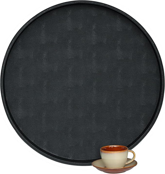 HofferRuffer Large Round Serving Tray 24'', Elegant Faux Leather Circle Ottoman Table Tray, Serve Tea Coffee Breakfast in Bedroom Living Room Kitchen (Classic Black)