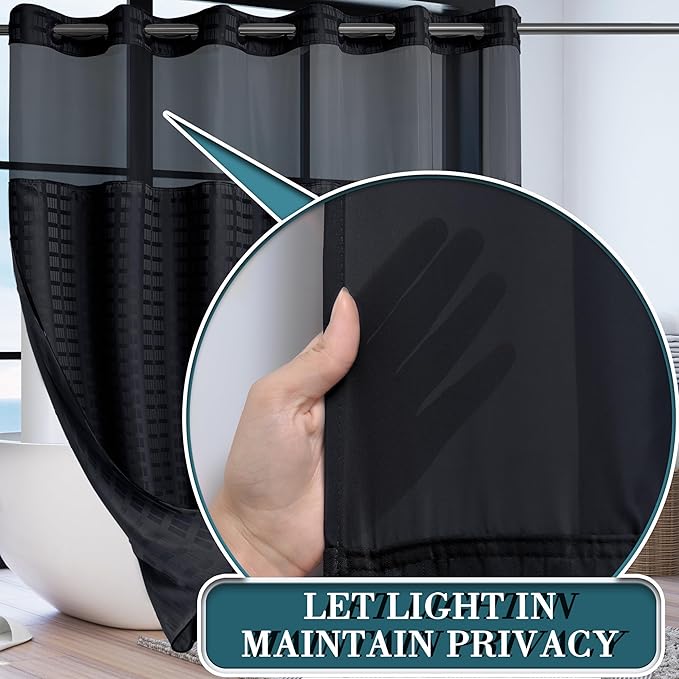 Conbo Mio Extra Wide No Hook Shower Curtain with Snap in Liner Set, 108" x 74" Hotel Luxury Black Shower Curtains for Bathroom with See Through Top Window, Waterproof, Washable 108W x 74H