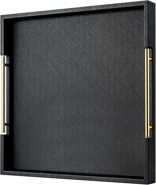 Black Square Serving Tray with Gold Handles for Party,Large Wood Decorative Tray for Ottoman,Faux Leather Coffee Table Tray Decor