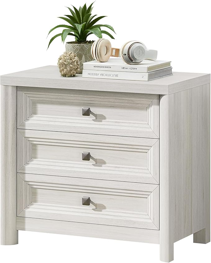 White Nightstand with 3 Drawers, Wood Night Stand with Metal Knobs, Farmhouse Bed Side Table for Bedroom, Modern End Table for Living Room Home Office Storage 1PC