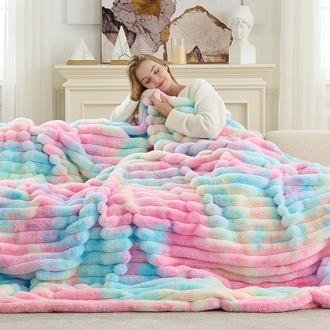 Cozy Bliss Faux Fur Throw Blanket for Couch, Cozy Warm Plush Striped Blanket for Sofa Bedroom Living Room, 108 * 90 Inches Tie-dye Rainbow