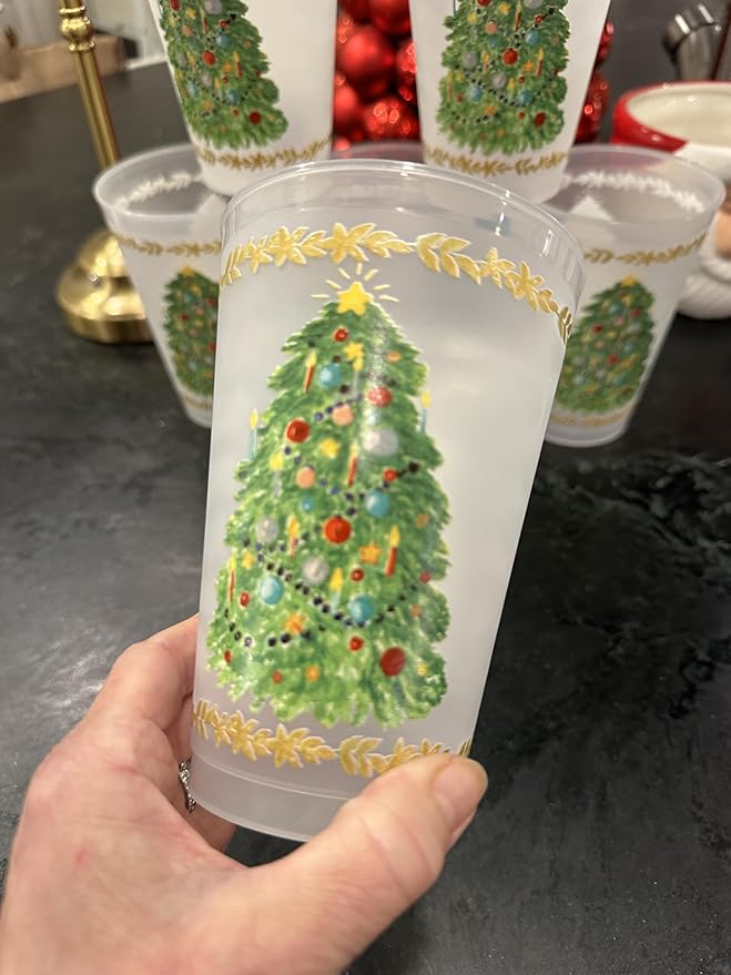 Marye-Kelley Christmas Tree Shatterproof 20 Oz Frosted Cups - Set of 6 Cups - BPA Free - Made in the USA Dishwasher Safe