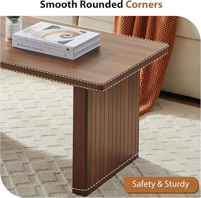 AVZEAR 43Inch Fluted Wooden Coffee Table for Living Room, Mid Century Modern Coffee Table with Sturdy Fluted Legs & Rounded Corner, Curved Rectangle Center Table for Home, Office, Cafe, Walnut