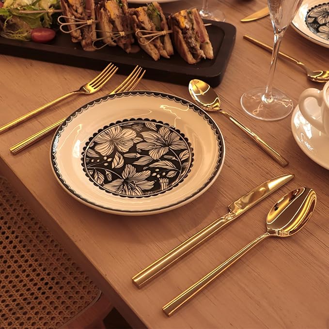 Stainless Steel Flatware Set Hand Forged 18/10 Silverware Set Cutlery Set Gold Cuboid Handle Mirror Finished 20 Pieces Service for 4