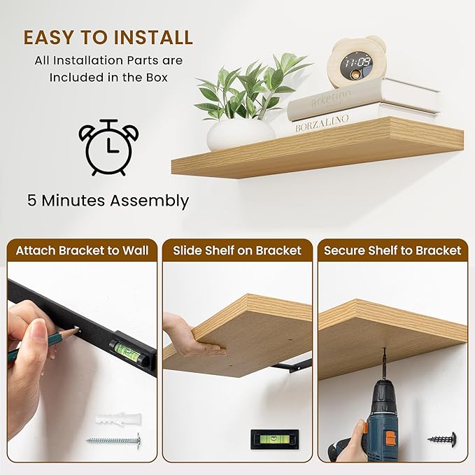 Fun Memories 36 Inch Deep Floating Shelves for Wall, 2 Pack of Wall Mounted Wood Shelves with Invisible Brackets for Bathroom, Bedroom, Living Room, Kitchen Decor and Storage, Oak