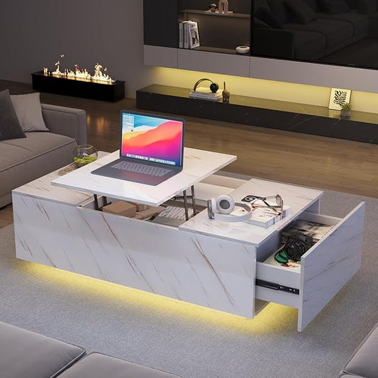 LED Coffee Table, 47.2" Lift Top Coffee Tables with Drawers and Large Storage, Smart Living Room Table with Wireless Charging & Bluetooth Speaker, Dining Center Tables with Storage Shelf
