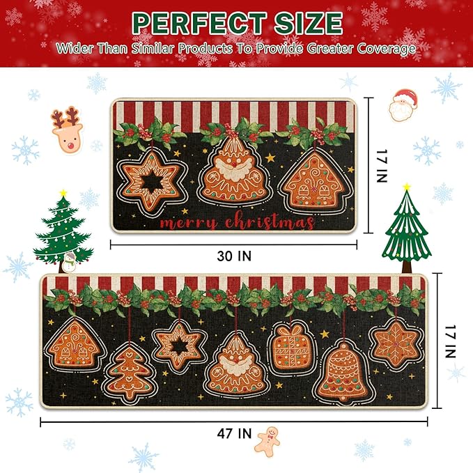 Christmas Gingerbread Kitchen Rugs and Mats Non Skid Washable Set of 2, Peppermint Candy Cookies Xmas Kitchen Mats for Floor Decor