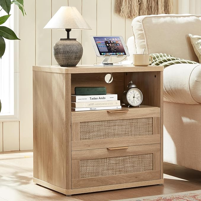 LEYAOYAO Rattan Nightstands Set of 2 with Charger Station, 23" Wide Boho Night Stand with 2 Drawers, Natural Wood Bedside Table Open Shlef, Bed Side End Table Dresser for Bedroom, Living Room Hallway