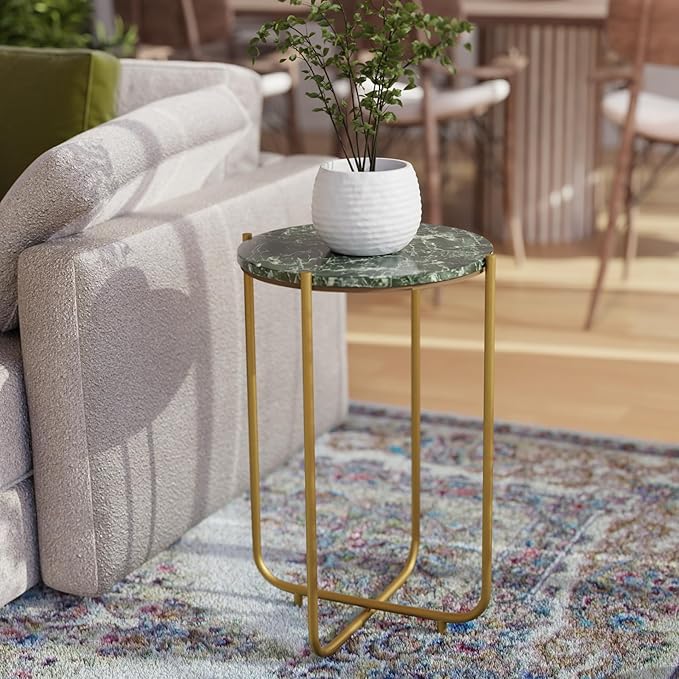Relso Urdhva End Table – 24" Tall Round Side Table with Real Green Marble Top & Gold Metal Frame | Luxury Accent Table or Plant Stand for Living Rooms, Modern Homes, & Small Spaces
