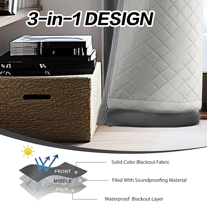 Soundproof 3 Layers 100% Blackout Grey Curtains 1 Panel 50x108 Thermal Insulated Soundproof Curtains for Bedroom Living Room