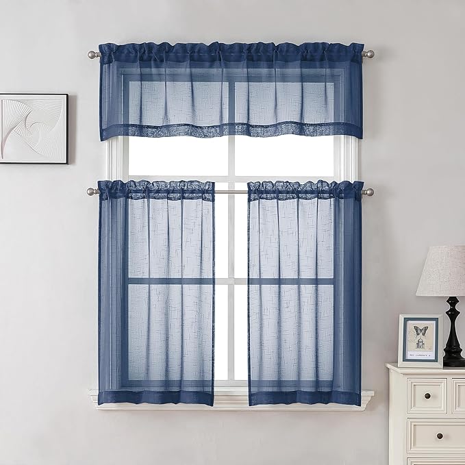 Aiyufeng Navy Blue Sheer Curtains/Valances 14 Inch Length for Kitchen, Small Short Casual Voile Valance Curtain Window Treatment Decor for Living Room Bathroom Cafe Laundry Basement, 60" W x 14" L