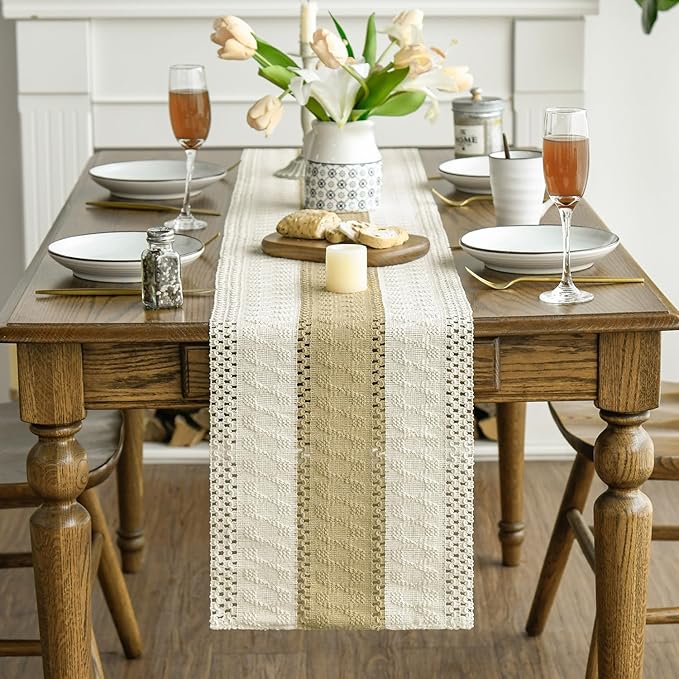 Artoid Mode Burlap Brown Farmhouse Rustic Table Runner, Seasonal Holiday Hollow Kitchen Dining Table Decoration for Home Party Decor 12x108 Inch