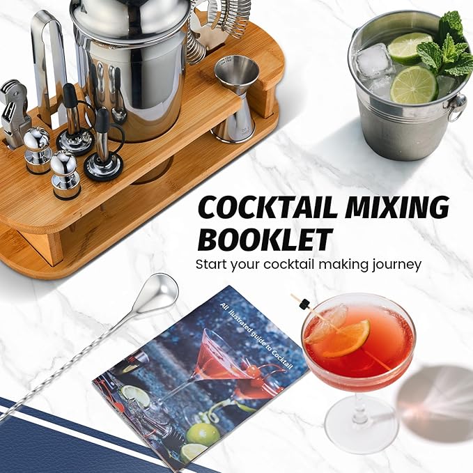 Cocktail Shaker Set Bartender Kit: 13-Pcs Bar Tools Set with Bamboo Stand, Essential Bar Accessories for Home: 25oz Martini Shaker, Jigger, Bar Spoon, Professional Cocktails Kit for Drink Mixing |Gift