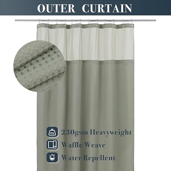 N&Y HOME Waffle Weave Shower Curtain with Snap-in Fabric Liner & Hooks Set - Hotel Style, Waterproof & Washable, Heavyweight Fabric & Mesh Top Window - 71x72, Sage Green