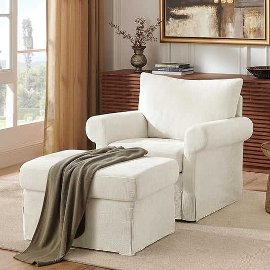 Modern Living Room Chairs with Ottoman, Comfy Chenille Reading Armchair with Rolled Arms and Cushion Backrest, 35.8" W Oversized Chaise Lounge Chair for Bedroom, Study, Apartment, Beige