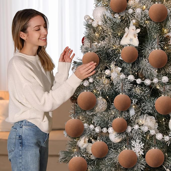 36 Pcs Velvet Christmas Balls Bulk - Flocked Christmas Tree Ball Ornaments Hanging Decoration for Xmas Tree, Wreath, Home or Party Decorations, 2.36", 2.76", 3.15"(Brown)