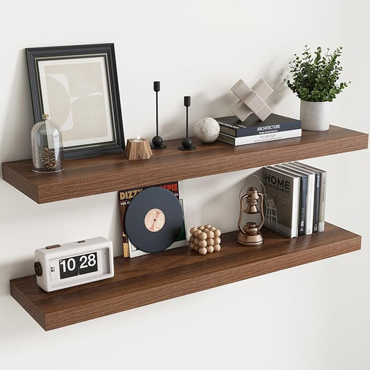 Floating Shelves for Wall with Invisible Brackets, Wall Mounted Engineered Wood Shelves with Wood Grain for Living Room, Bedroom, Bathroom, Kitchen Decor and Storage, Oak, 48"L Set of 2, Walnut