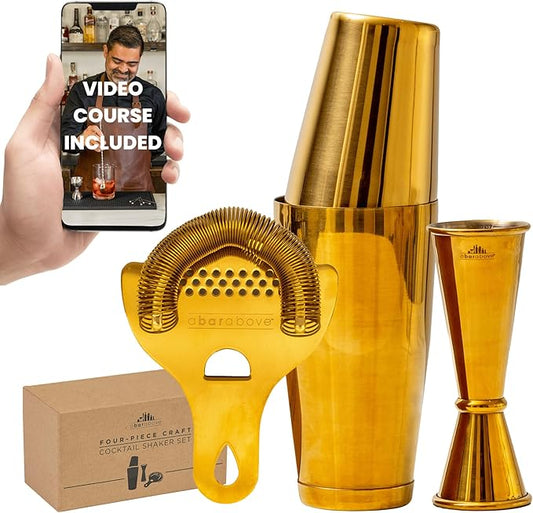 A Bar Above 4-Piece Cocktail Shaker Set, for Professional and Home Bar, Premium Bar Kit Gifts, Includes Strainer, Jigger, Shaker Set, and 4-Hour Cocktail Course